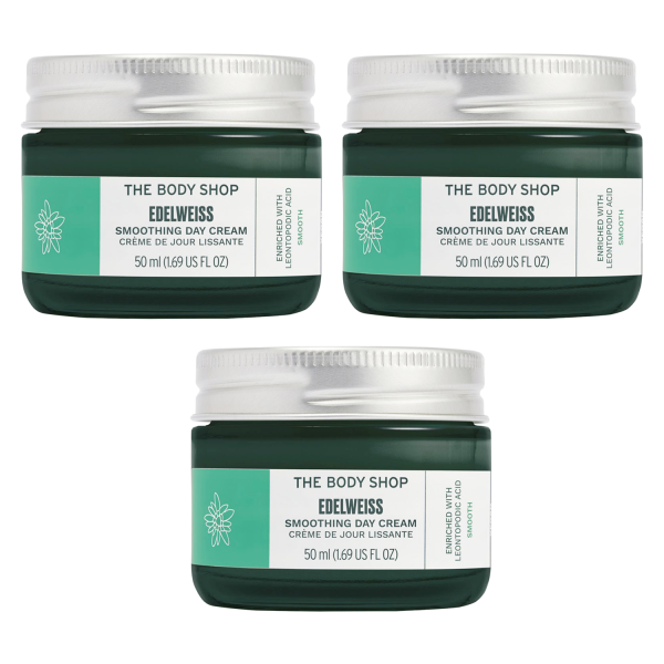 3x THE BODY SHOP EDELWEISS smoothing Tagescreme je 50ml für alle Hauttypen