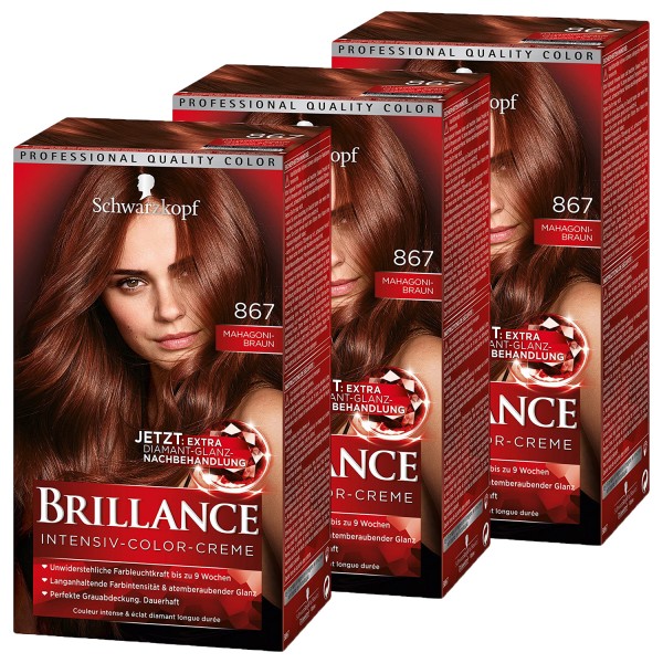 3 x Schwarzkopf Brillance Intensiv-Color-Creme 867 Mahagonibraun je 165ml Dauerhafte Haarfarbe