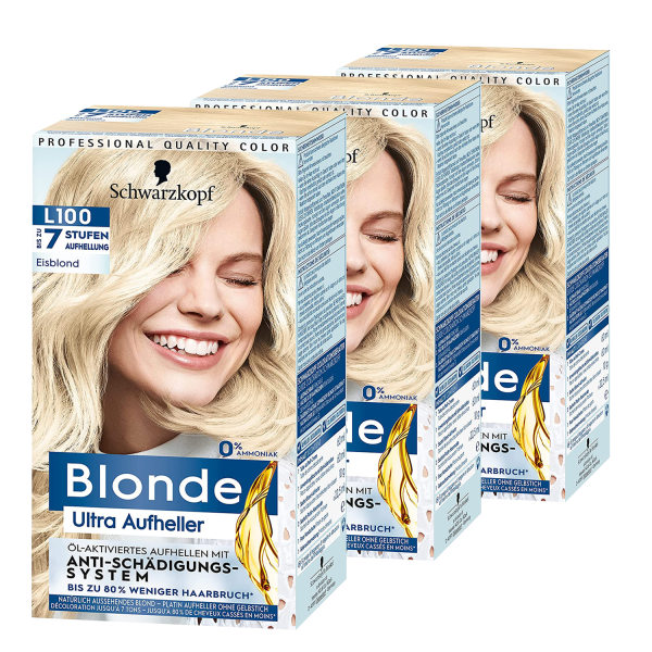 3 x Schwarzkopf Blonde Ultra Aufheller L100 Eisblond Öl Anti-Schädigungssystem Haarfarbe