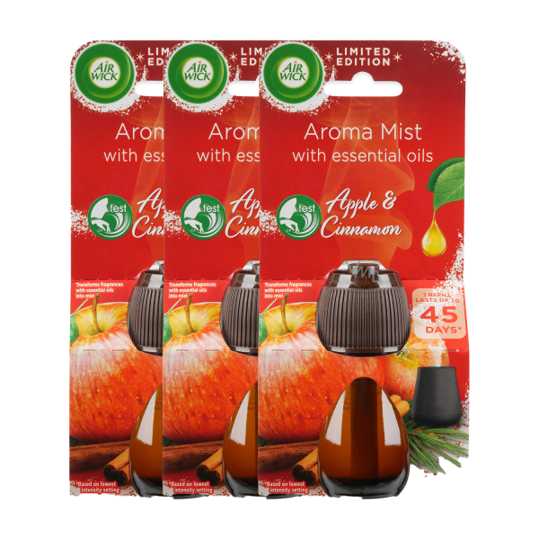 3 x Air Wick Essential Mist Aroma Öl Erfrischung Nachfüller für Diffuser Apfel & Zimt jeweils 20ml