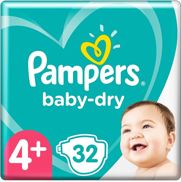 Pampers Baby-Dry Größe 4+ 10-15kg 32 Windeln bis zu 12 Stunden Rundum-Auslaufschutz