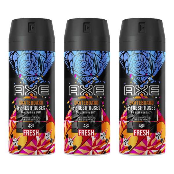3xAxe Skateboard & Fresh Roses Deodorant 48h Schutz ohne Aluminiumsalze je 150ml