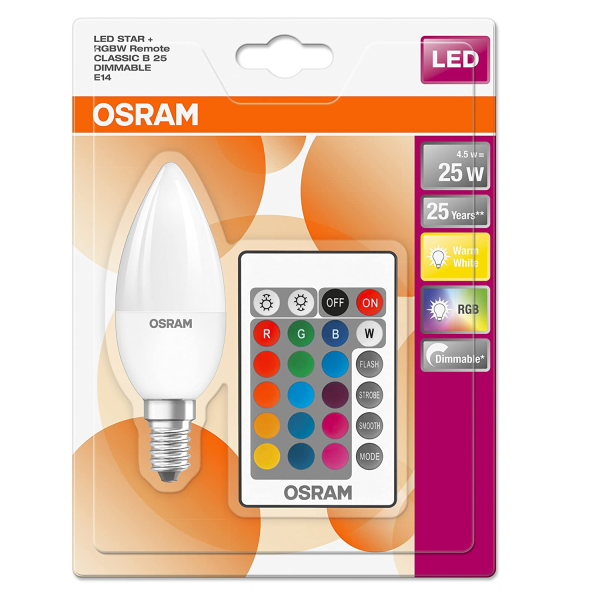 2 x Osram LED Star RGBW remote Classic B 25 Sockel E14 2700 K 4,5 W Ersatz für 25 Watt mit Farbsteuerung