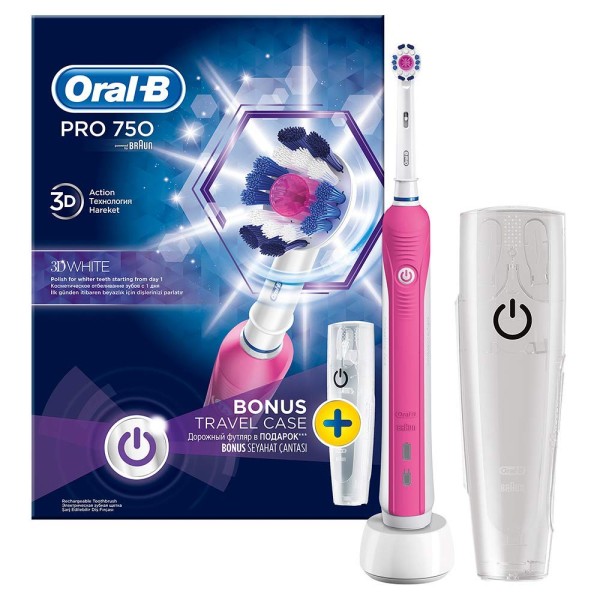 Oral-B PRO 750 3 D Action Elektrische Zahnbürste Limited Edition pink inkl. Travel Case