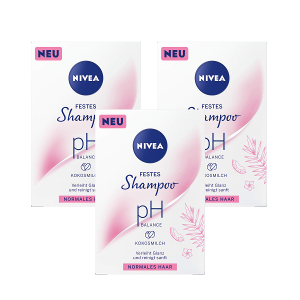 3 x NIVEA festes Shampoo pH Balance Kokosmilch für normales Haar je 75g Glanz & sanfte Reinigung