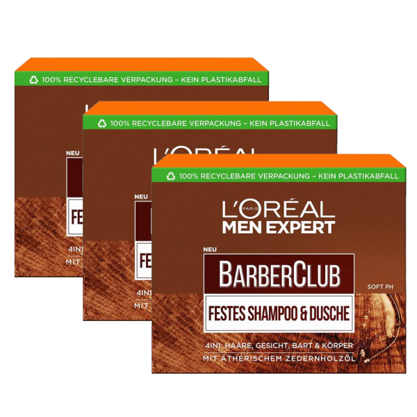 3 x L\'Oréal Men Expert BarberClub Festes Shampoo & Dusche je 80g 4in1 Haare Gesicht Bart & Körper