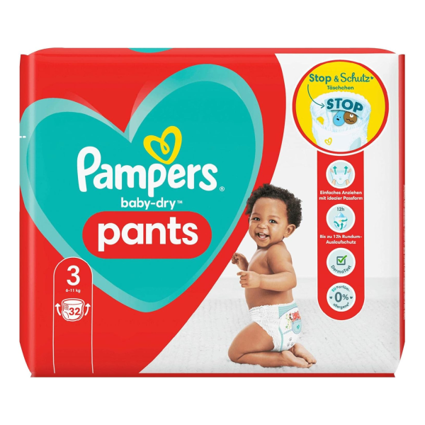 Pampers Baby-Dry Pants Größe 3 6-11kg Höschenwindeln 32 Stück Einfaches An- und Ausziehen