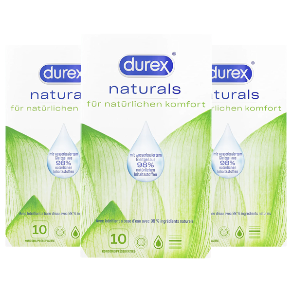 3 x 10 Stk Durex Naturals Kondome aus Naturkautschuklatex mit Gleitgelbeschichtung