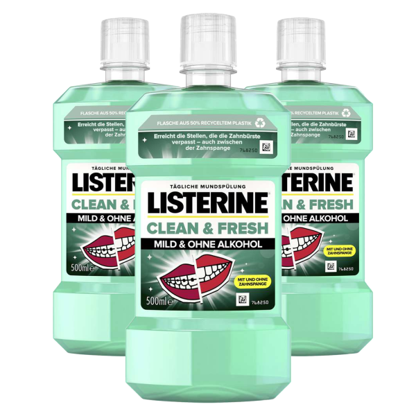 3x LISTERINE Clean & Fresh je 500ml antibakterielle Mundspülung ohne Alkohol mit ätherischem Öl