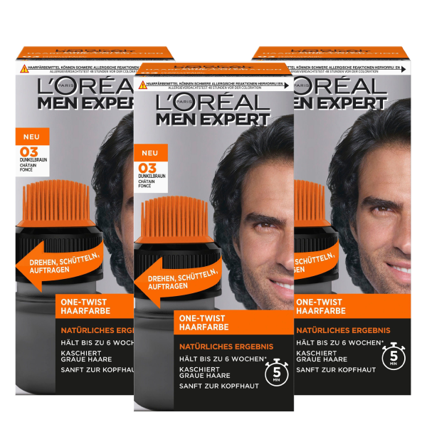 3 x L\'Oreal Men Expert One Twist Haarfarbe Nr.03 Dunkelbraun für Männer kaschiert graue Haare