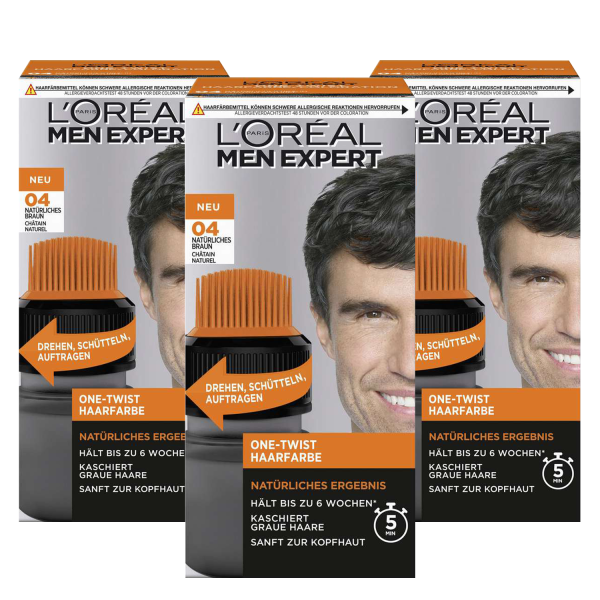 3 x L\'Oreal Men Expert One Twist Haarfarbe 04 Natürliches Braun für Männer 100% Grauhaarabdeckung