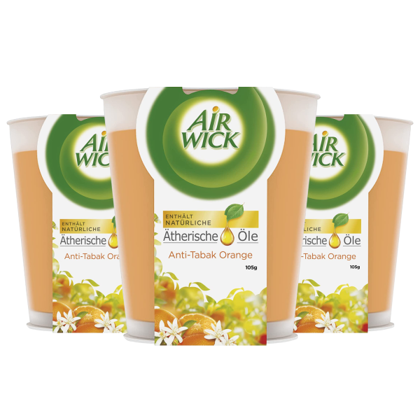 3 x Airwick Essential Oils Wohlfühl-Duftkerze Anti Tabac-Orange je 105g ätherische Öle