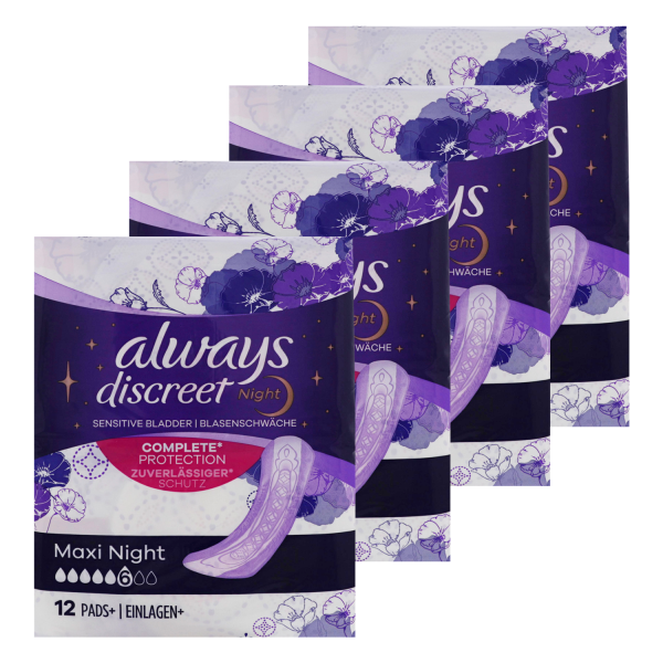 Always Discreet Inkontinenzeinlagen Maxi Night 48 Binden 4 x12 Stück für Damen Monatspaket