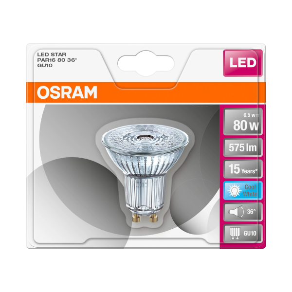 6 x Osram LED Star PAR16 Ersetzt 80 Watt 36° Winkel Reflektorlampe Sockel GU10