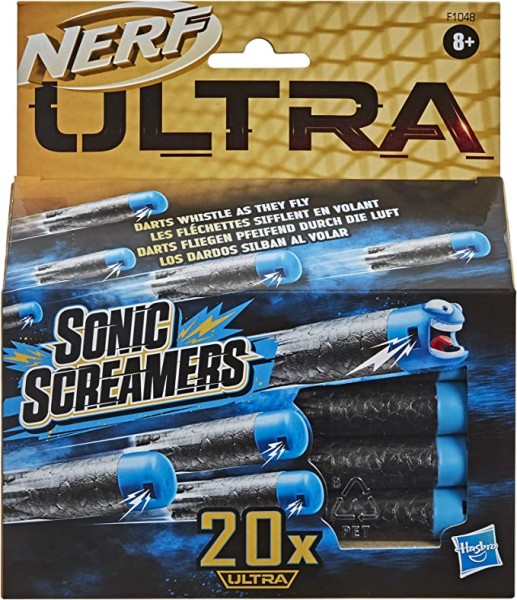 NERF Ultra Sonic Screamers 20er Dart Nachfüllpack, die Darts fliegen pfeifend durch die Luft