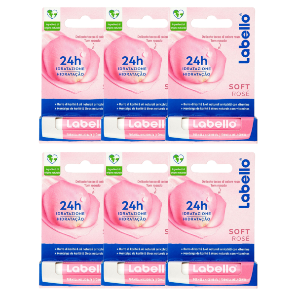 6 x Labello Soft Rosé Lippenpflegestift jeweils 4,8 g mit Rosen Extrakt und Jojoba Öl