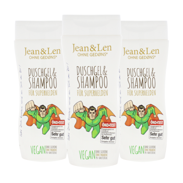 3 x Jean & Len Duschgel & Shampoo Superhelden je 230ml für Kinder vegan ohne Parabene und Silikone
