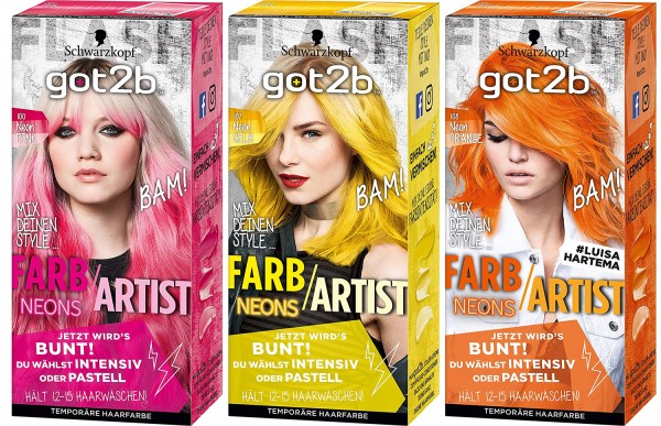 3 x Schwarzkopf Got2b Farb Artist Haarfarbe 80ml Neon,- Pink, Gelb oder Orange je 80ml