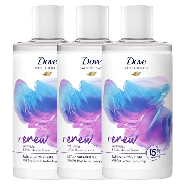 3x Dove Bath Therapy Bad und Duschgel Renew Wild Violet & Hibiscus je 400ml Premium 3fach Pflege