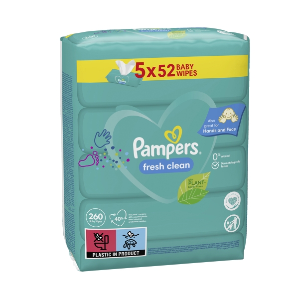 Pampers Fresh Clean Baby Feuchttücher 260 Tücher (5 x 52) milder Duft auch für Hände & Gesicht