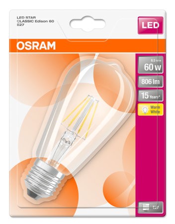 Osram LED Star Classic Edison 60 Lampe Sockel E27 Warm Weiß 2700 K, nicht dimmbar 6,5 W = 60 Watt