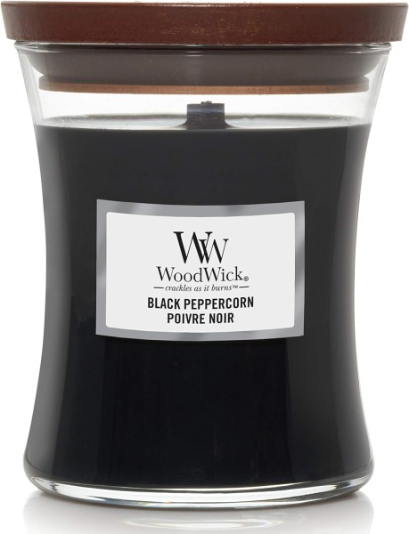 WoodWick Black Peppercorn Duftkerze in Sanduhrform 275g Knisternder Docht Brenndauer ca. 60 Stunden